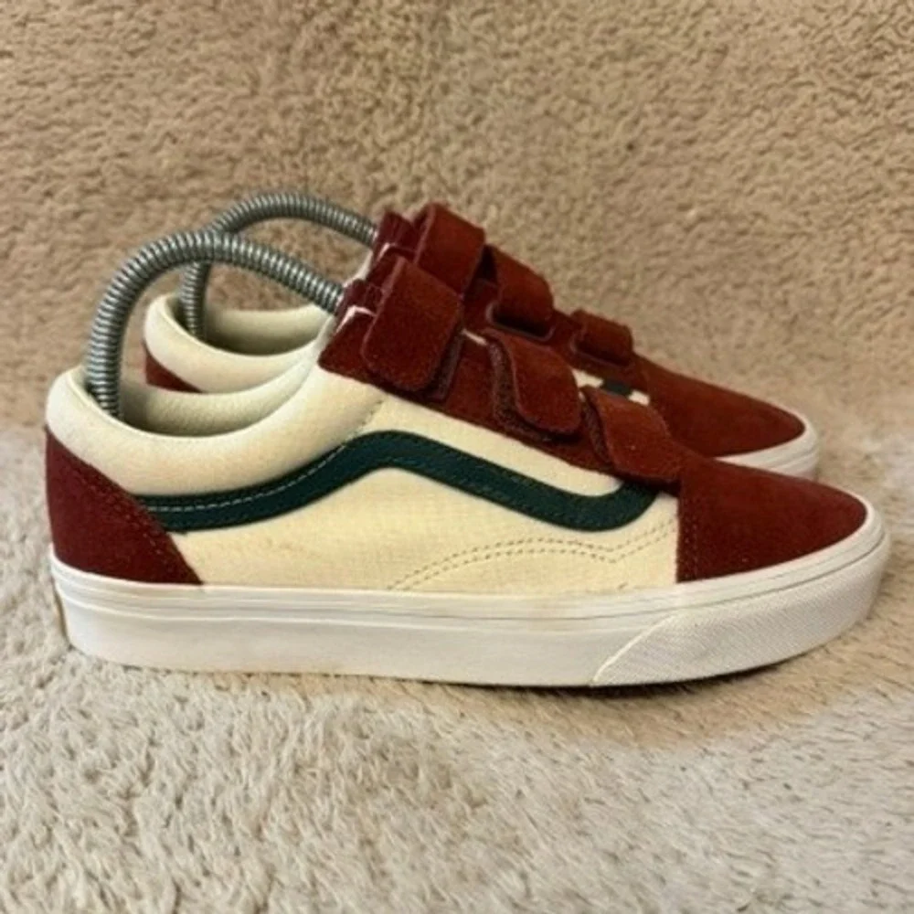 Vans Old Skool V Burgundy Cream Green Suede Canvas Triple Strap Womens Size 7.5